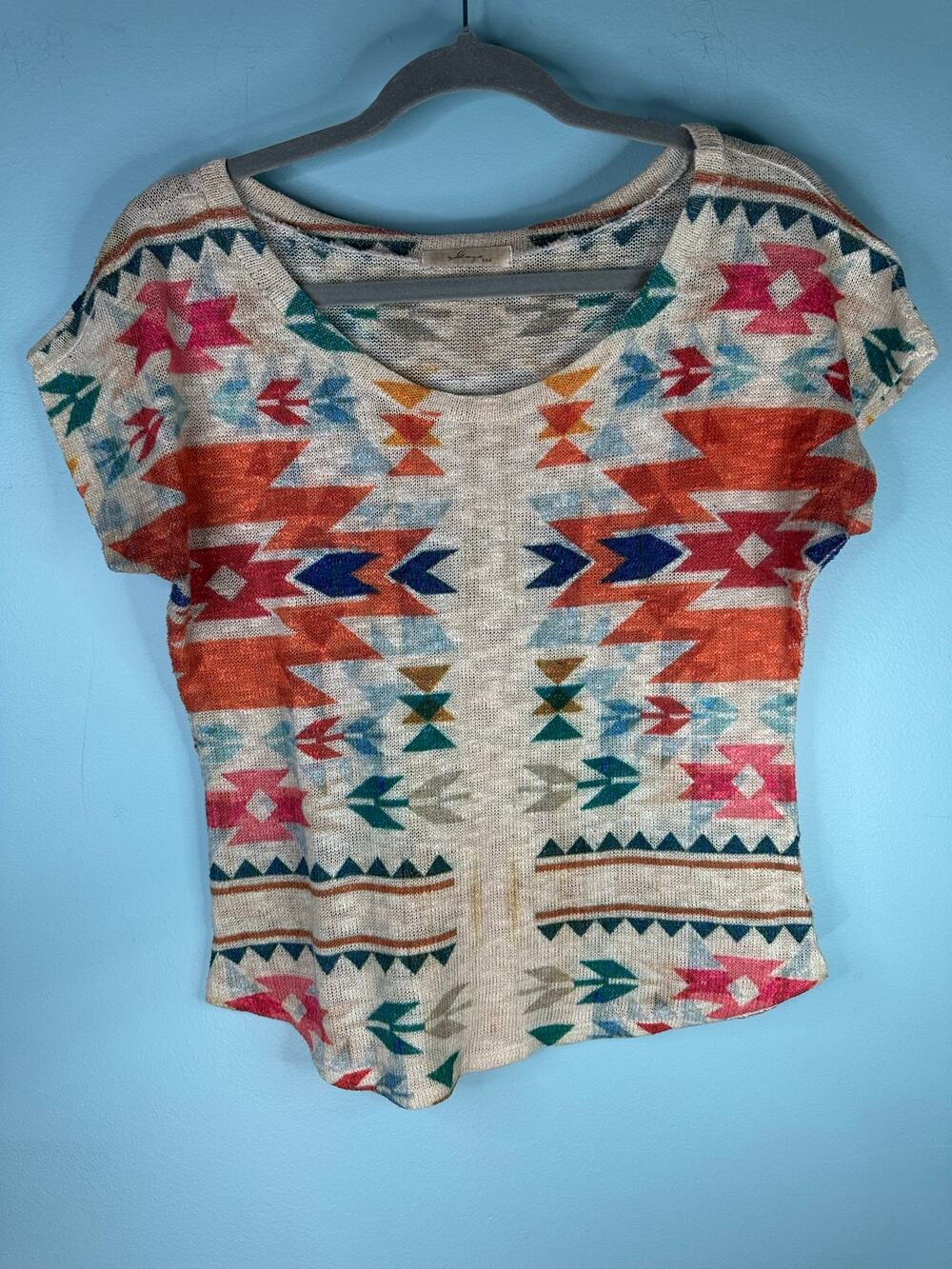 Gaze USA beige knit top multicolored geometric tribal aztec print small